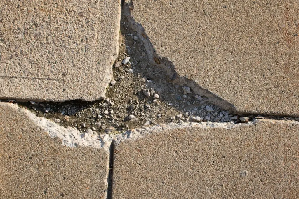 closeup of a large crack in a concrete driveway