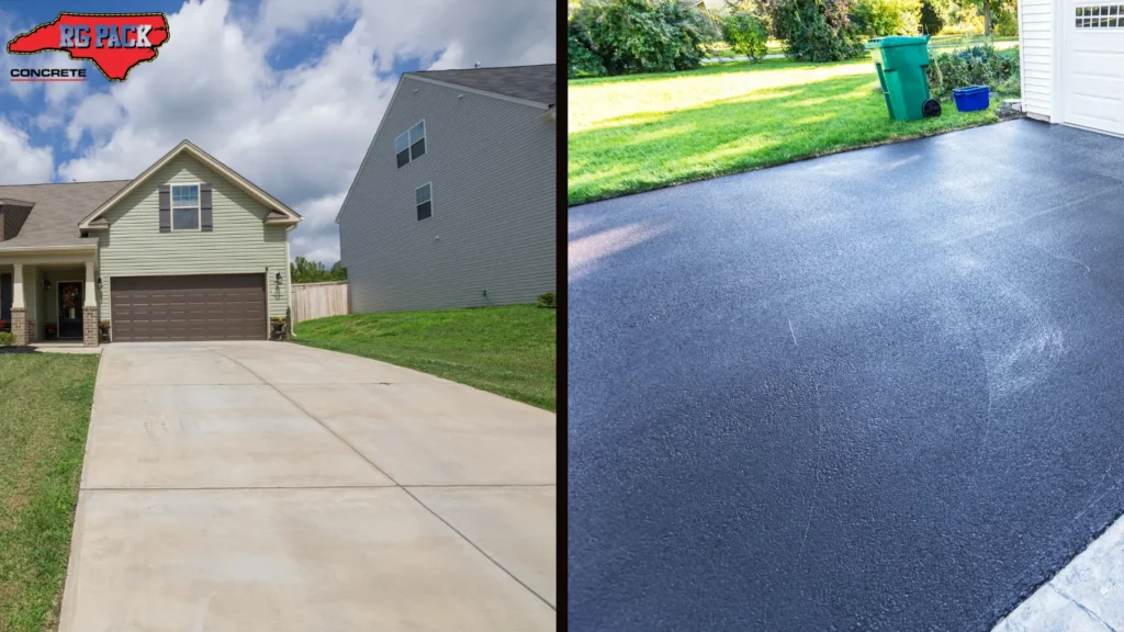 an image showcasing a concrete driveway on the left side and a asphalt driveway on the right side