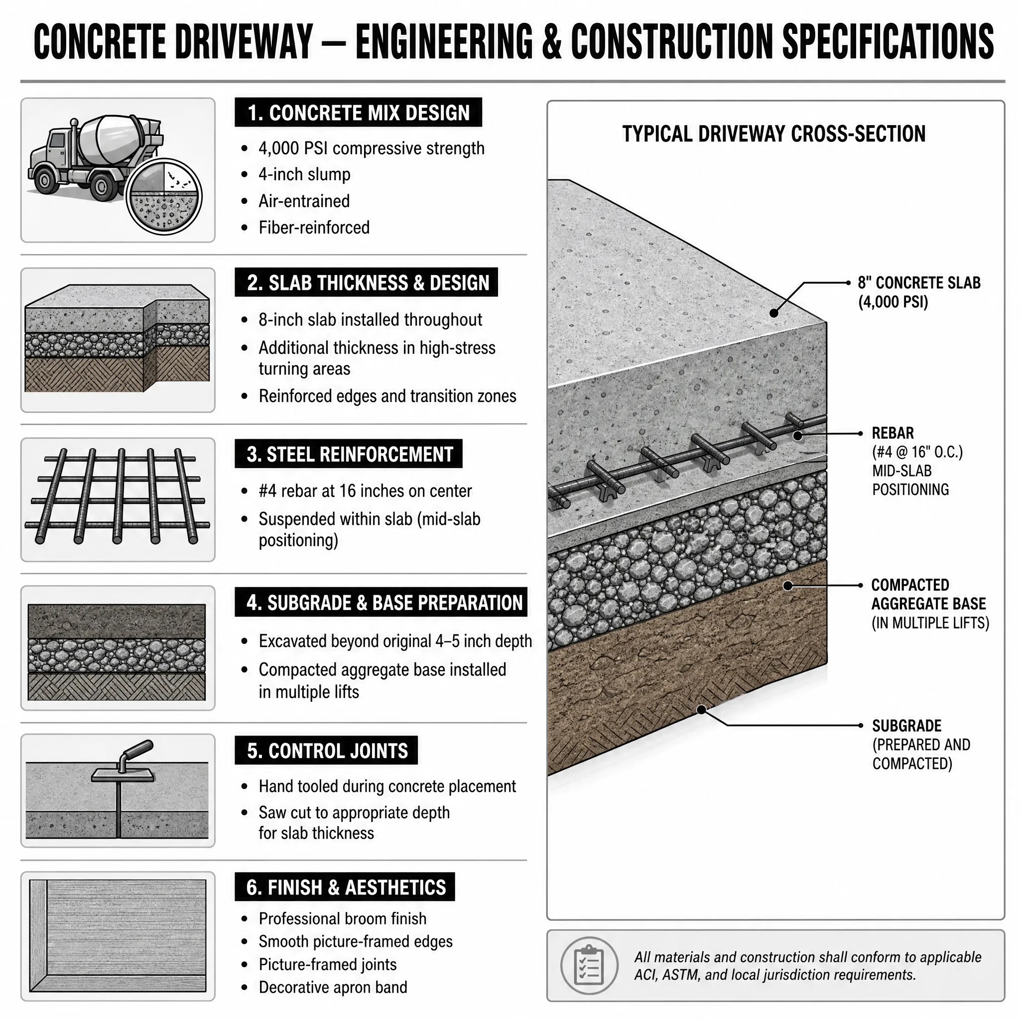 Diagram illustrating concrete driveway engineering specifications, including slab thickness, steel reinforcement, subgrade preparation, and control joints