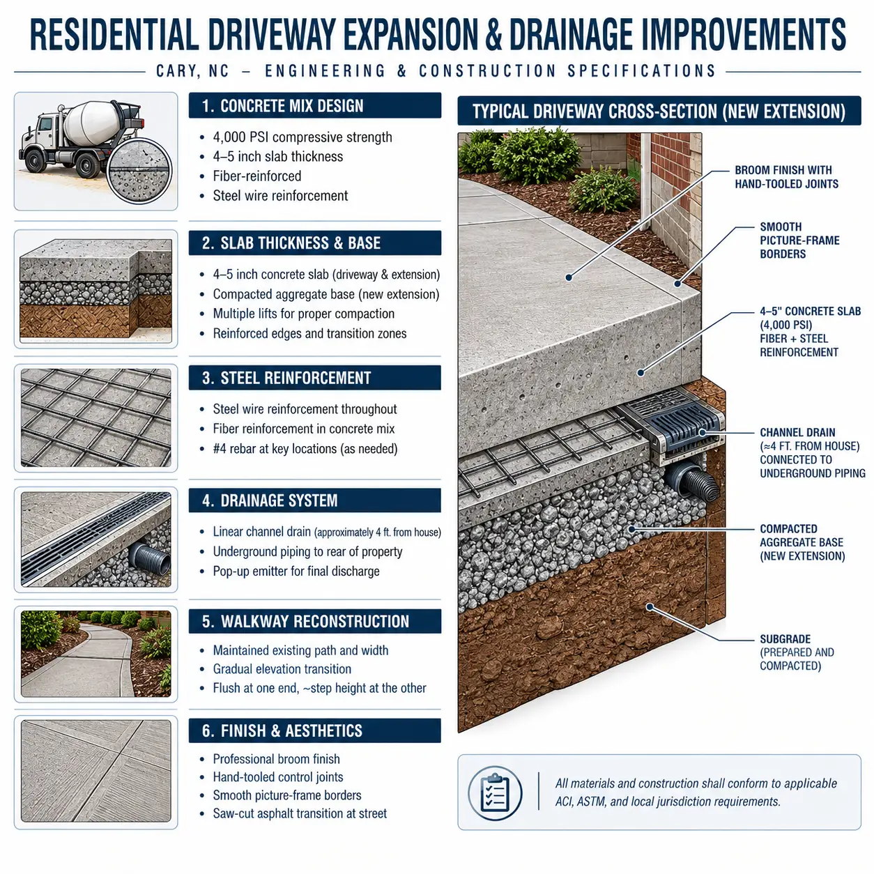 infographic showing slab thickness, reinforcement, and other specifications for a concrete driveway replacement in Cary, NC