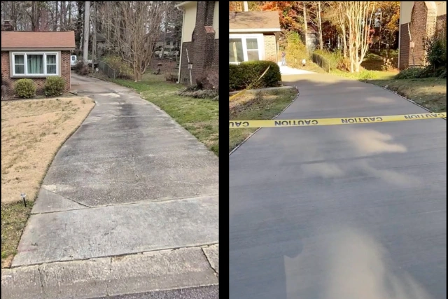 before and after a complete driveway replacement in Scottish Hills, Cary, NC